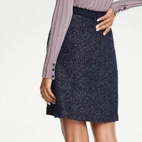 Ann Taylor Tweed Boucle Metallic A-line Mini Skirt In Navy Blue Multi Size 0 EUC - Picture 2 of 10